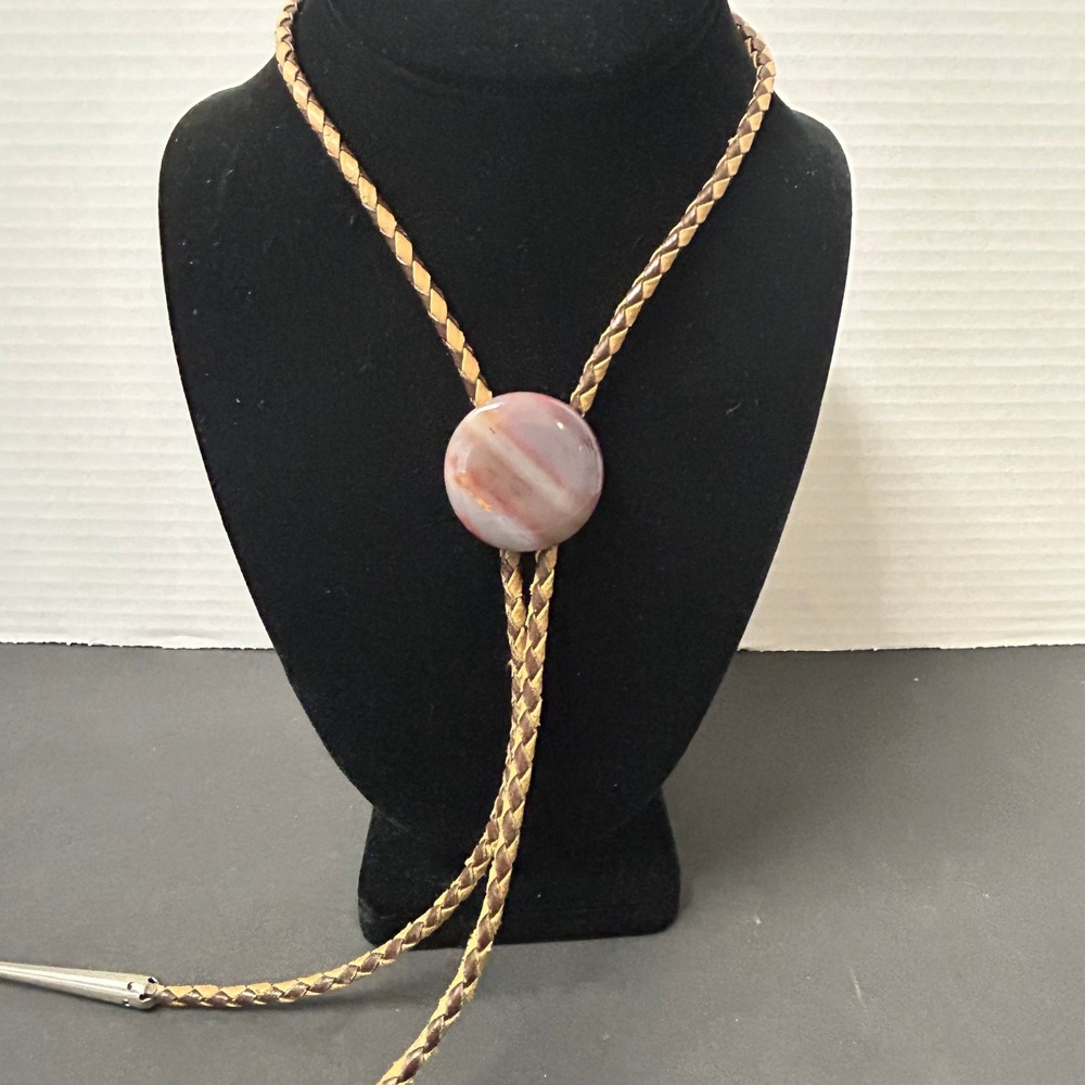 Bolo Tie Brown Agate Stone Braided Western Southwestern